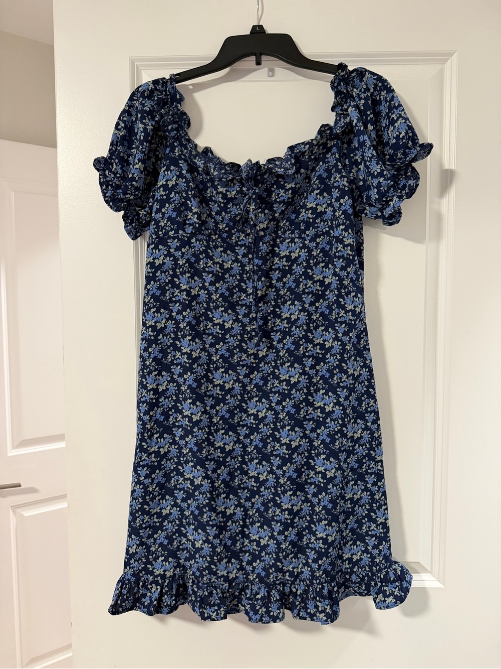 Macy's Navy Blue Floral Puff-Sleeve Mini Dress